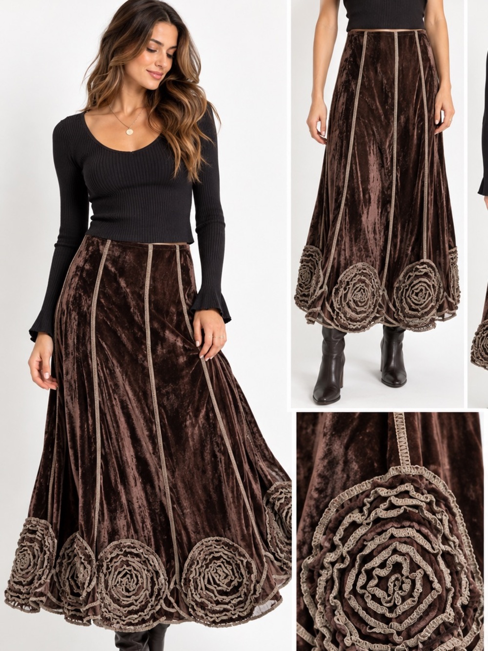 Lulumari Y2K Brown Velvet Rosette Maxi Skirt Large Whimsigoth Boho